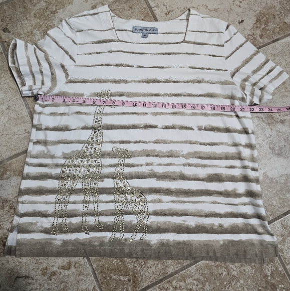 Samantha Grey Striped Embellished Giraffe Blouse Top Size L Neutral Resort Prep - Picture 7 of 8